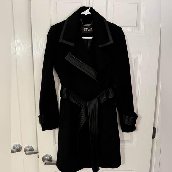 Badgley Mischka Collection Faux Leather Trim Wool Blend Coat - Picture 5 of 12